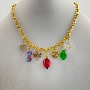 Ladybug and Flowers Multi Charm Necklace; Dragonfly, Heart, Leaves, Cottage Core